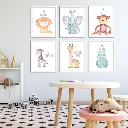 Watercolor Baby Animal Lion Elephant Giraffe Canvas Poster Nursery Wall Art Print Painting Nordic Picture Children Bedroom Decor