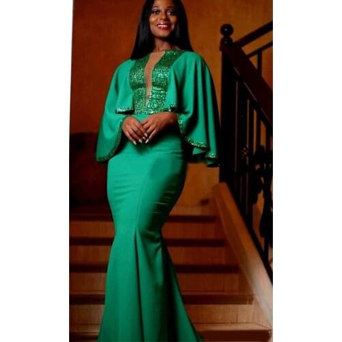 Aso ebi Green Mermaid Prom Dresses 2020 Bat Sleeve Sweep Train Sequined Long Formal Evening Party Gowns Special OccasioN Dress A