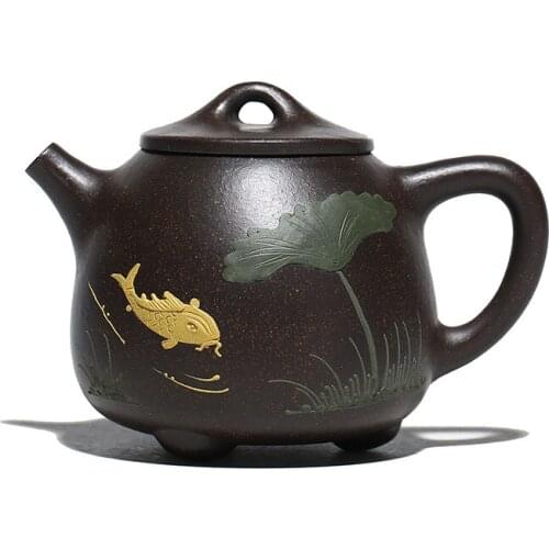 Authentic Yixing, Purple Clay Teapot, Zisha, Handmade, Tea Set, Drinking, Huanglongshan Mud, Black Gold Sand Fish High Stone