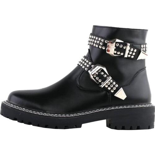 SHOW STORY Retro Black Buckle Studs Strap Combat Ankle Boots
