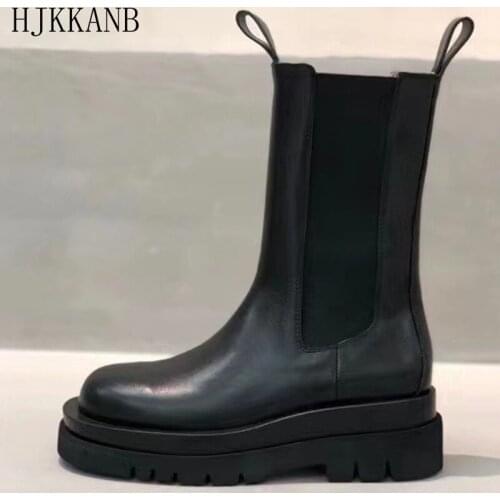 Thick Bottom Round Toe Chelsea Boots Women Genuine Leather Solid Color Short Boots Platform Height Increase Mid Calf Boots Lady