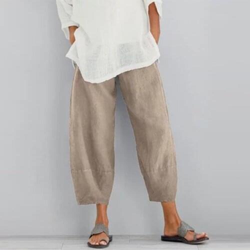 Womens Vintage Ankle Length Pants Casual Solid Cotton Linen Wide Leg Trousers Summer Plus Size Loose Comfortable Pants