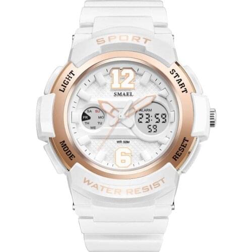 SMAEL Women Watches White PU Watchband Dual Display Quartz Watches Fashion Sports Ladies Watches 30M Waterproof Reloj Mujer