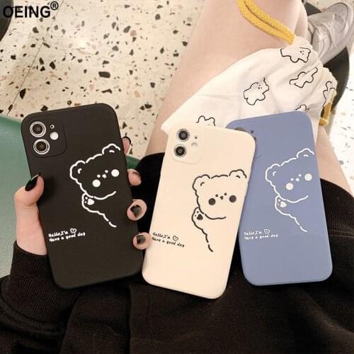 OEING Cute Bear Couple Phone Case For Iphone 11 12 Pro Max 7 8 X XS Mini XR SE2 Simple Line Shockproof Phone Bag Soft Case Cover