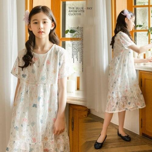 Children Lace Dresses Summer Girls Princess Dresses 2021 Puff Sleeve White Dress for Girls Cltohing Butterfly Print Kids Outfits