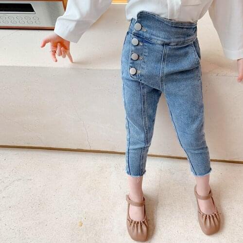 Kids Button Jeans for Girls Children Denim Pants Irregular Elastic Waist Skinny Trousers Kids Jeans Pants for Girls 2 4 6 8 Year