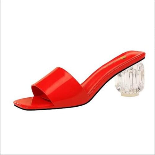 Sleek Minimalist Summer Ladies Sandals Transparent With Thick With High Heels Square Head Patent Leather With Slippers