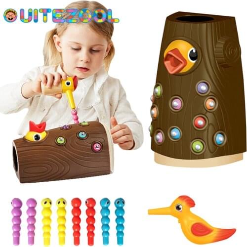 Woodpecker Doctor Montessori Kids Toys Magnetic Catch the Worm Animal Feeding Game Small Birds Children Educate Fishing Toys Set