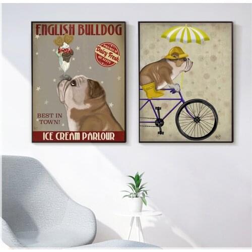 English Bulldog Ice Cream Dog Painting Canvas Pictures for Living Room Dog Bicycle Wall Art Retro Posters and Prints Quadros