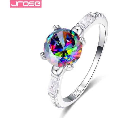 JROSE Simple Style Pretty Fashion Round Cut Rainbow & Black & White Cubic Zircon Silver Jewelry Cocktail Ring Size 6 7 8 9