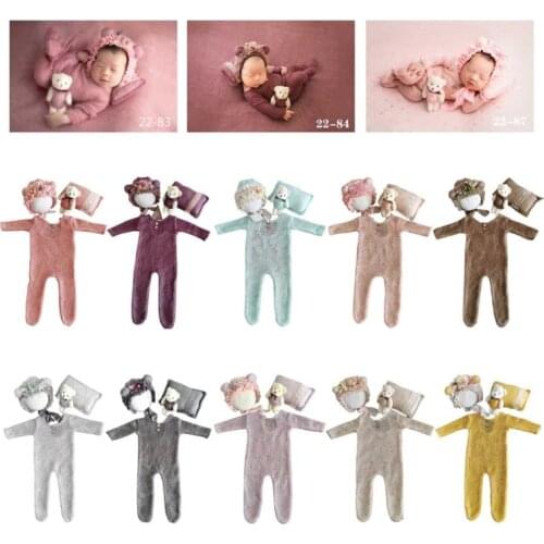 1Set Baby Infants Hat Pillow Romper Jumpsuit Bear Doll Newborn Photography Props P31B