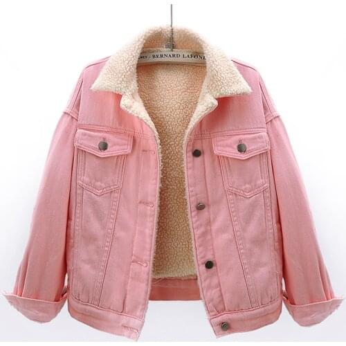 Fashion 6 Color Loose Short Denim Jacket Coat Women Red Pink Black Outwear Winter Thick Warm Lamb Fur Liner Jeans Jacket Female