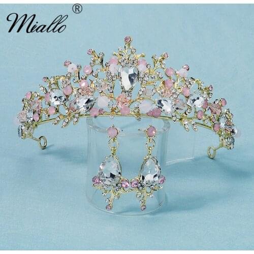 Miallo Crystal Crown Earrings Bridal Wedding Hair Accessories for Women Hair Jewelry Gold Rhinestone Tiaras and Crowns Gift
