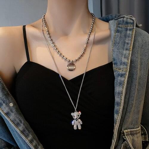 Multilayer Full Crystal Bear Pendant Handmade Cute Cartoon Bear Charm Necklace for Women Girl Daily Jewelry Party Gifts