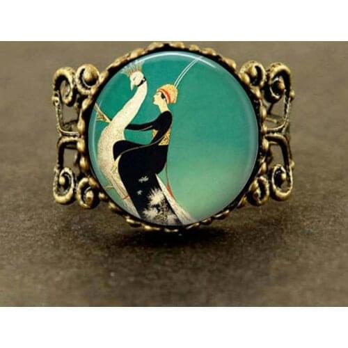 Vogue of Woman and White Peacock Art deco Ring women men jewelry brass Ring charming