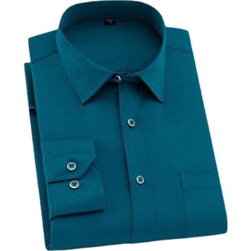 Mens Classic Long Sleeve Solid Basic Dress Shirts Single Patch Pocket Formal Business Standard-fit Office Social Shirt