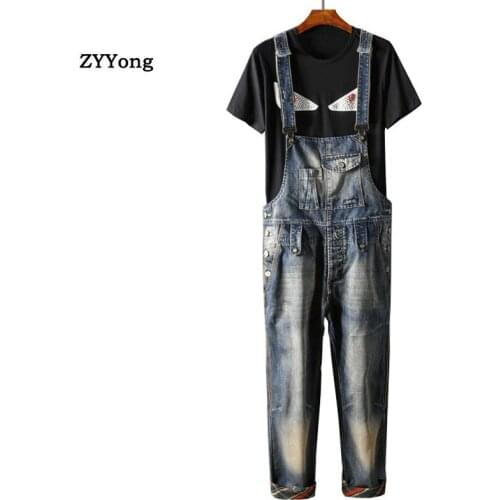 Men Denim Jumpsuit Bib Overalls High Quality Retro Loose Straight Jeans Vintage Freight Cargo Pants Leisure Blue Trousers
