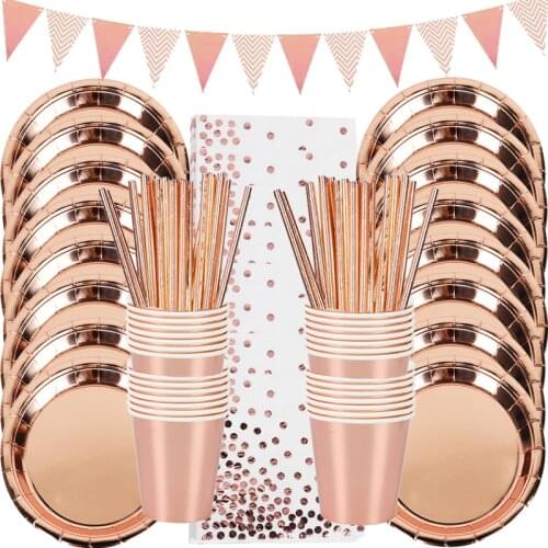Rose Gold Party Disposable Tableware Set Party Table Decoration Paper Cups Plates Straws Wedding Birthday Party Supplies