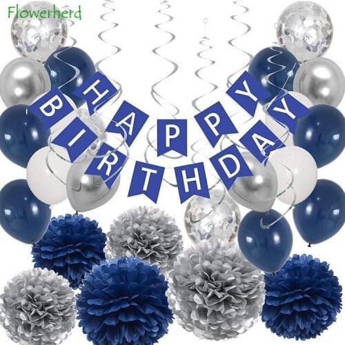 Navy Blue Silver Birthday Party Decorations Set Latex Sequined Balloon Paper Flower Ball Banner Star Spiral Baby Shower