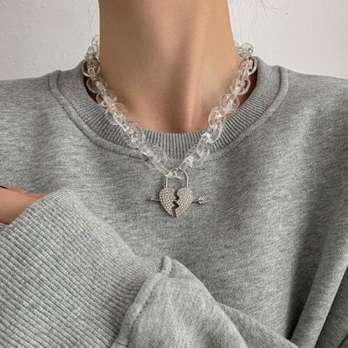Lifefontier Transparent Acrylic Chain Necklace Rhinestone Heart Lock Pendant Choker Necklace for Women Men Couple Jewelry Gifts