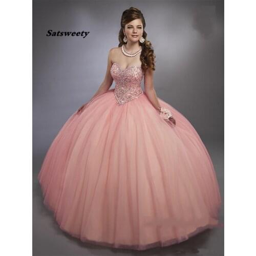 Blush Pink Ball Gown Quinceanera Dresses Corset Lace-up Back Bling Bling Crystals Girl Party Gowns Ball Gown Sweet 15 Dresses