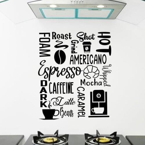 Coffee Words Quotes Wall Sticker Espresso Subway Kitchen Coffee Shop Sign Wall Window Decals Removable Art Murals Wallpaper 4454