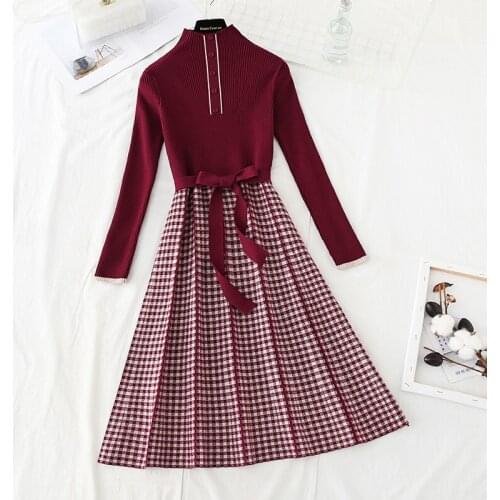 Chic Knit Sweater Women Plaid Stand Long Sleeve Button Midi Dress Thick Warm Autumn Winter Female Office Lady Lace-Up Dress