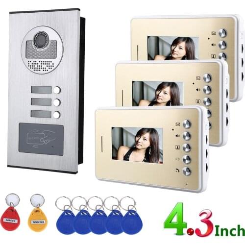 Video Intercom Systems 3 apartments 4.3inch Video Door Phone System RFID IR-CUT HD 1000TVL Doorbell Camera