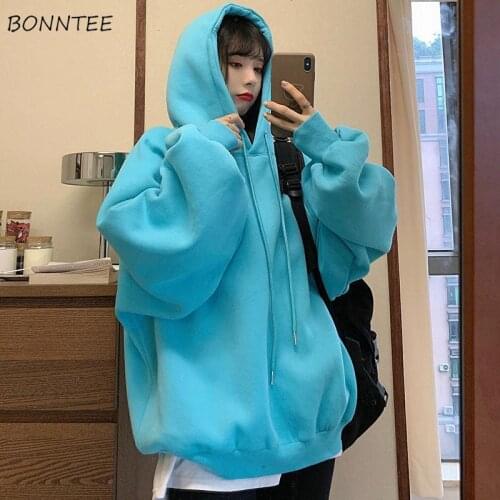 Hoodies Womens Winter New Hooded Colorful Oversize Plus Velvet Thicken Simple Fashion Leisure Ins Students Streetwear Ulzzang