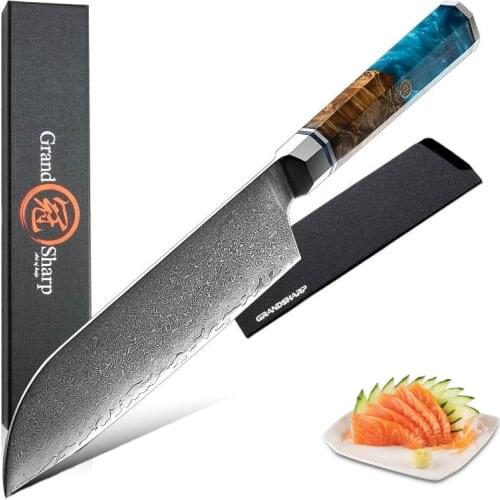 Japanese Santoku Knife Chef Knife VG10 Damascus Steel Blue Wooden Handle Kitchen Cooking Tools Cutlery Cookware Salmon Sashimi
