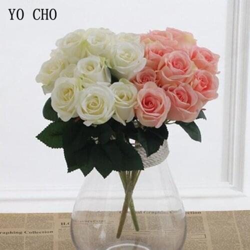 YO CHO Wedding Bouquet Bride Bridesmaid Bunch of Flowers Artificial Silk Flower 12 Heads Rose Nosegay Pink DIY Home Party Decor