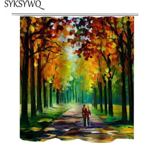 Shower Curtain Gold Leaves Yelllow Autumn Bathroom Curtain Painting Leaf Gold Tree Lovers Walking Fabric Bath Curtain Shower 3D