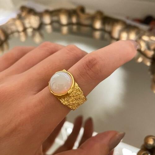 Vintage White Opal Rings For Women Stainless Steel Gold Charm Tin Foil Texture Ring Accessories Jewelry Gift Bohemian Bijoux