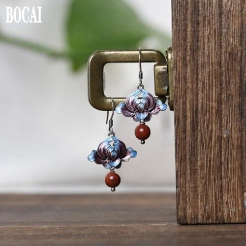 100% real s925 pure silver fashion vintage enamel peony earrings for women Thai silver cloisonne agate earrings women earrings