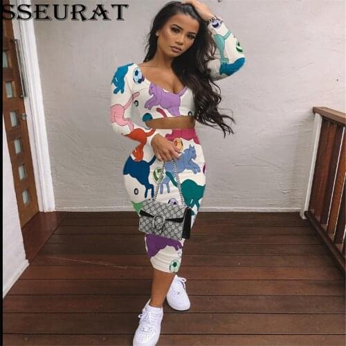 SSEURAT Fall Womens Set Print Full Sleeve V-neck Crop Top Skirt Suit Fashion Casual Two Piece Suit