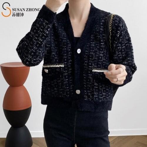 Women Coats Female Jackets Elegant Feminine Romantic Cardigan Knitted Geometric Pattern Color Contrast Binding Tweed Fabric Fall