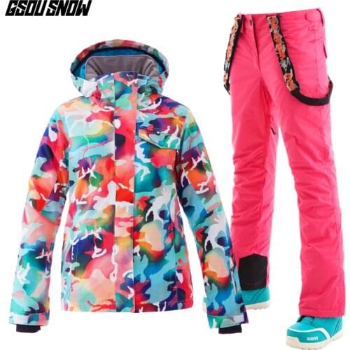 GSOU SNOW Snowboard Suit Women Winter Breathable Waterproof Wind-resistant Colorful Camo Snowboard Jacket Pants Outdoor Ski Suit