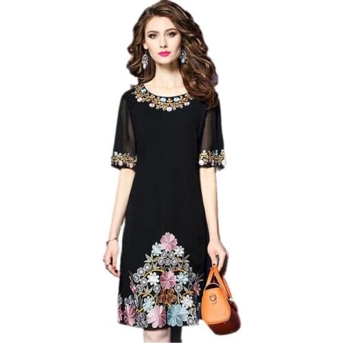 New Summer dress high quality Chiffon embroidered dress Round neck Retro black dresses Large size clothing for women 1023
