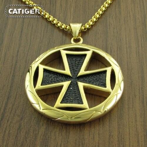Free Shipping Vintage 316L Stainless Steel Golden Plated color Iron Black Cross Round Pendant Necklace for Gift