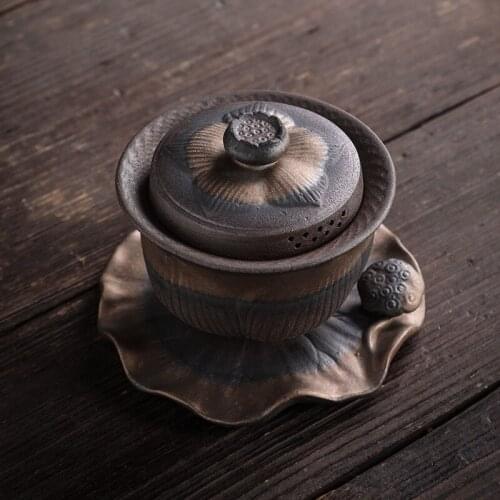 Large Earthenware Sancai Gai Wan Cha Cup Kung Fu Tea Manual Vintage Tea Bowl Coarse Pottery Tea Set Gaiwan Sopera De Ceramica