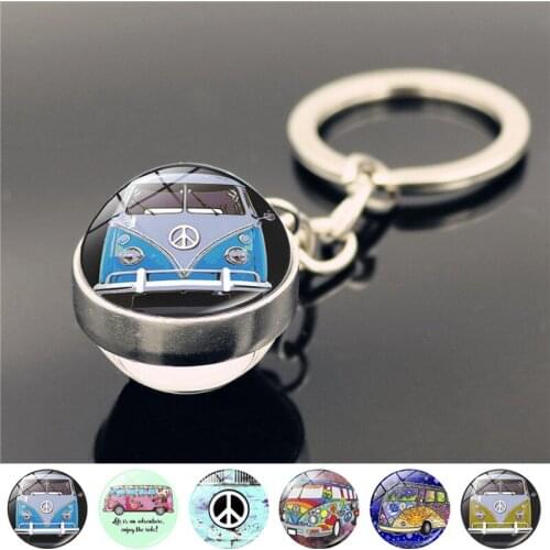 Hippie Peace Sign Van Bus Keychain Fashion Men Women Purse Bag Car Pendant Double Side Glass Ball Key Chain Ring Holder Jewelry