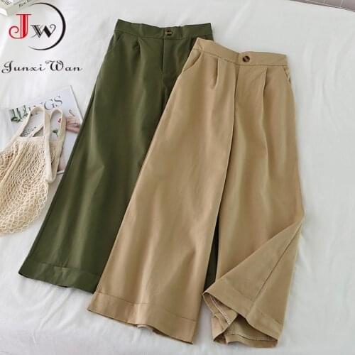 Korean Style Women Summer Solid Elastic Waist Wide Leg Pants Fashion Cotton Casual Loose Girls Ankle-Length Trousers Pantalons