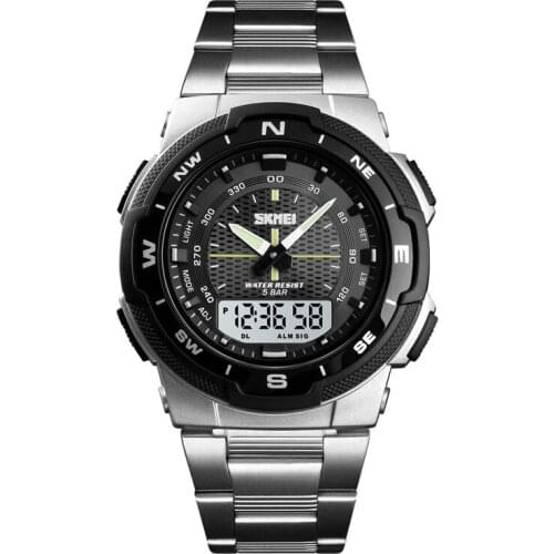 Casual Fashion Dual Display Watch Multifunctional Dual Time Outdoor Sports 5ATM Waterproof Stainless Steel Mens Digital Watches
