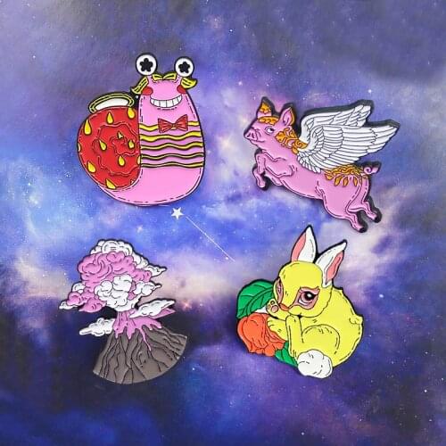Cute Rabbit Pig Snail Enamel Pins Pink Flying Pig Angel wings Volcanic peak Pink cloud Brooches Animal Broche Lapel Jewelry Gift
