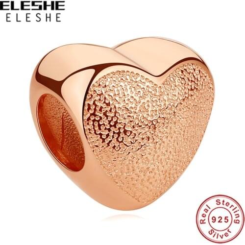 European 925 Sterling Silver Charm Beads Rose Gold Matte Brilliance Heart Charm Fit Original Bracelets DIY Jewelry Gift