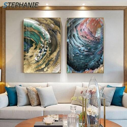 Modern Fantasy Sky Purple Cloud Bird Abstract Blue Poster Print Cuadros Quadro Wall Picture for Living Room Luxury Home Pictures