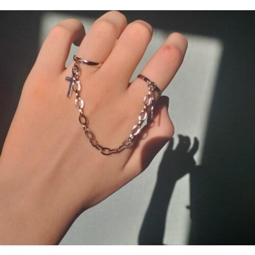Retro Punk Hip-Hop Cross Ring Hand Finger Chain Adjustable Rings Jewelry Gift for Men Women Unisex Chain Connection Double Ring