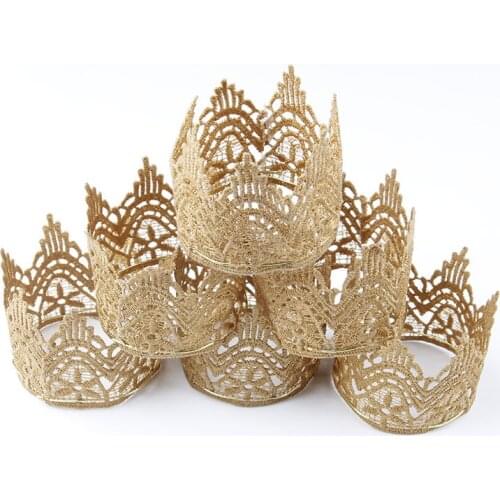 Cute 1PCS Khaki Lace Crochet Crown Used for Cake Topper Baby Girls Party Headbands Shining Tiara Headwear DIY Hair Accessories