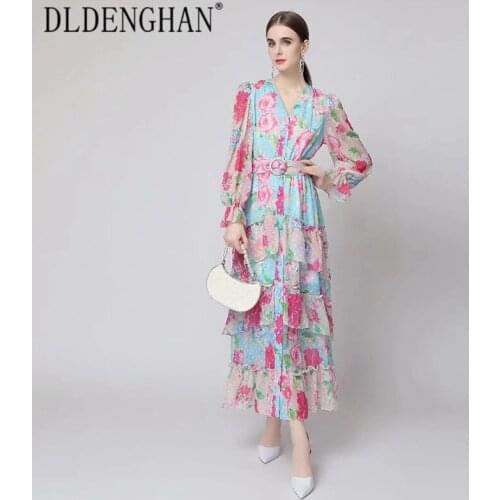 DLDENGHAN Fashion Runway Designer Autumn Maxi Dress Women V-Neck Flare Sleeve Cascading Ruffle Bohemian Flower Print Long Dres