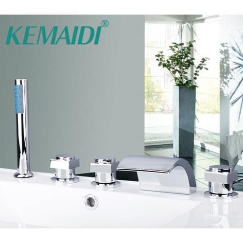 KEMAIDI 5 pcs Waterfall Bathtub Shower Faucet Set Chrome Finish 3 Handles Deck Mount Waterfall Basin Faucet Mixer Water Tap